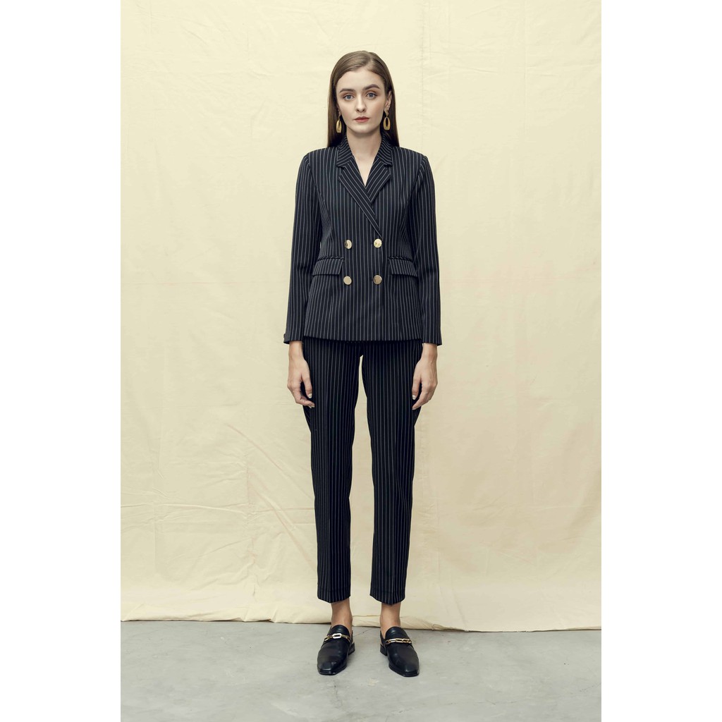 Set Suit 4 Khuy ONMIX (Blazer + Quần Ống Đứng) - Đen Kẻ Sọc - Vải Tuytsi Hàn