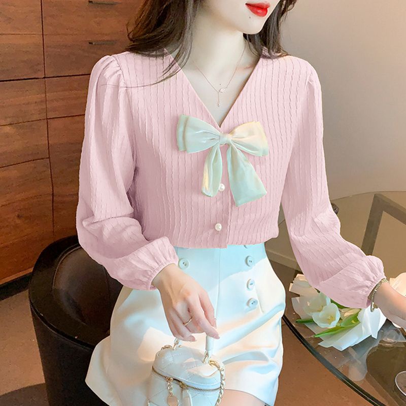 Áo Sơ Mi Chiffon Tay Dài Cổ Chữ V Màu Trơn Thời Trang Hàn Quốc Dành Cho Nữ