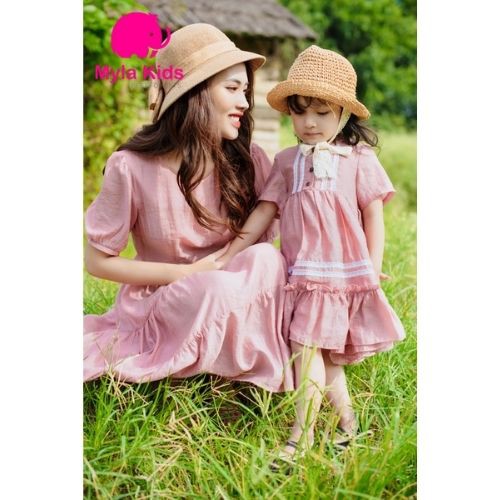 Set đầm đôi mẹ và bé gái ngắn tay màu hồng nhạt váy tơ lụa organza an toàn cho bé Myla Kids kèm ảnh feetback của khách