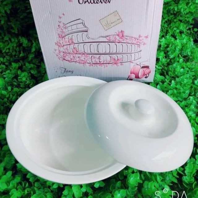 Thố sứ trắng có nắp cao cấp tiện ích ngang 23cm