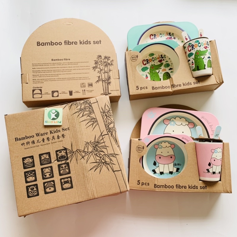 Bộ khay bát ăn dặm sợi tre BAMBOO hình thú - Set 5 chi tiết gồm khay, bát, cốc, thìa, dĩa cho bé tập ăn