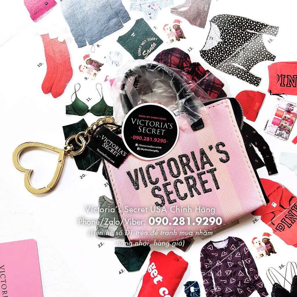 Móc khóa túi sọc hồng, có khóa  kéo, in chữ VS đen, KT 13x10cm - Victoria's Secret USA