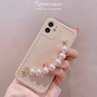Ốp điện thoại trơn viền trái tim có dây đeo hình ngọc trai nhân tạp cho iphone 13/7/8/plus/x/xs/max/11/12/pro/promax
