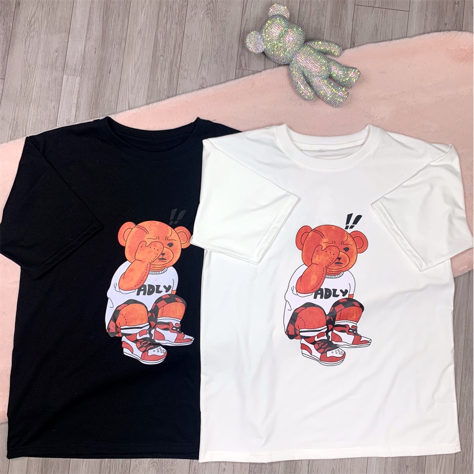 Áo thun tay lỡ Unisex Nam Nữ, Form rộng, áo phông rộng Free size, cotton, dày dặn, không nhăn, in hình Gấu 3D