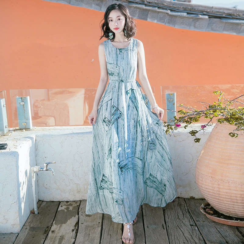 Đầm maxi chiffon Dài Dáng Chữ a Cổ Chữ v Tay Phồng In Họa Tiết Hoa Thanh Lịch Dành Cho Nữ