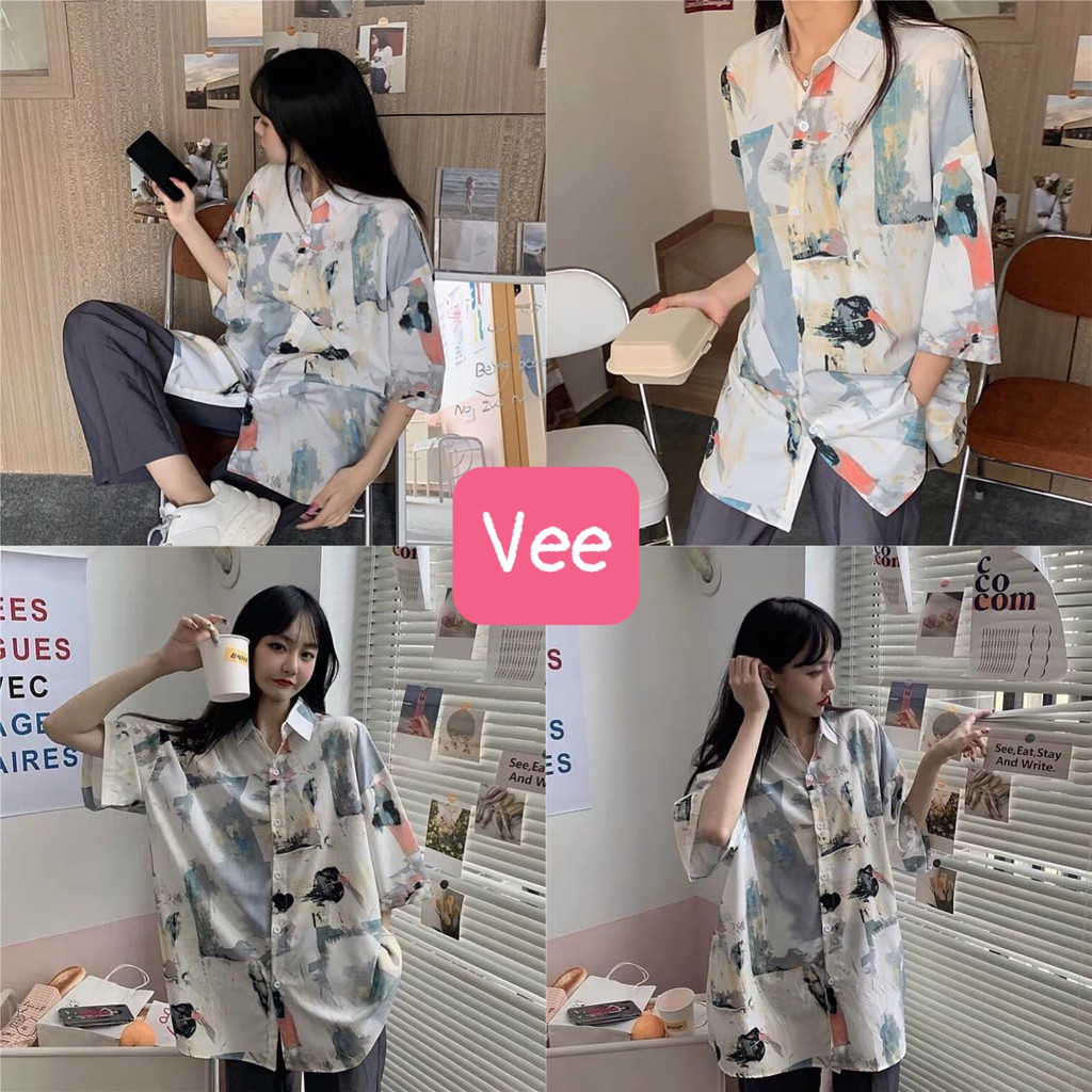 Áo sơ mi nam nữ oversize họa tiết loang núi dáng rộng unisex/ Áo sơ mi đôi cộc tay phom thụng ulzzang_veestore