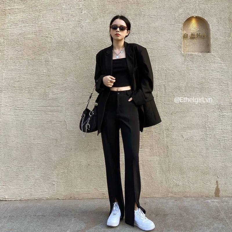 Quần Dài Lưng Cao Ống Rộng Màu Đen Phong Cách Retro Hàn Quốc Cho Nữ