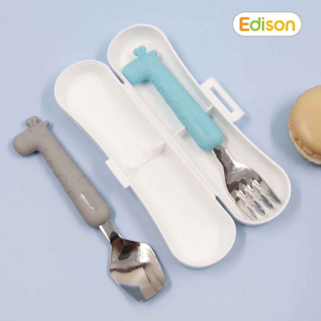 Bộ thìa nĩa ăn dặm cho bé inox 304 chống gỉ bọc silicon BPA Free có hộp đựng hình hươu cao cổ Edison 5318/5325