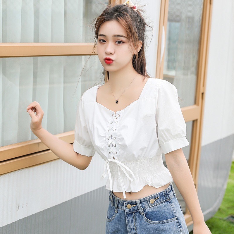 Áo trắng dáng ngắn croptop rút dây bo eo tay bồng hàng QCCC