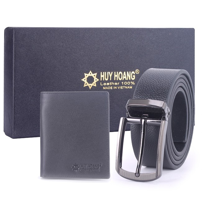 Bộ ví & Thắt lưng nam Huy Hoàng da bò màu đen XH2108-XH4120