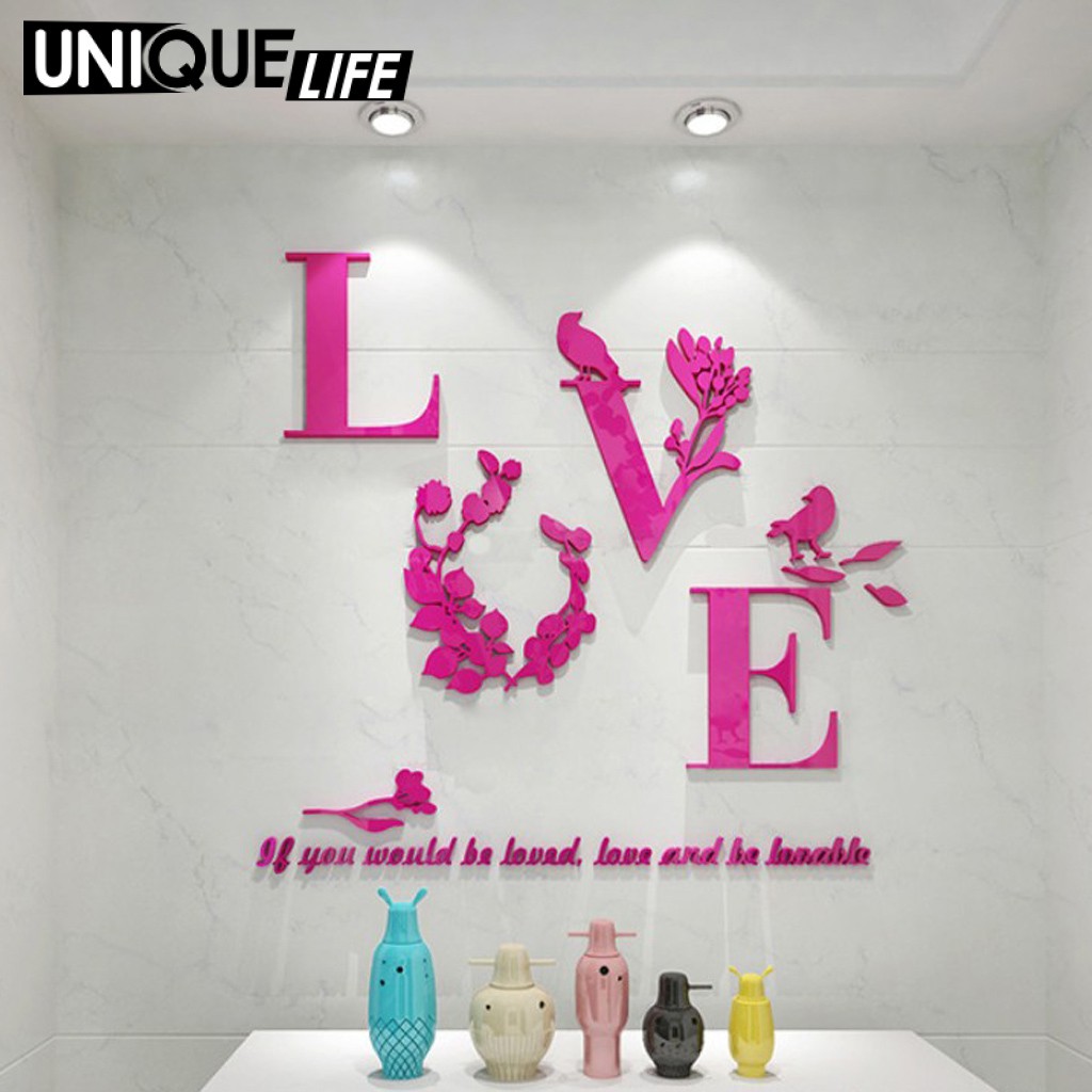 Sticker Gương Dán Tường 3d Hình Lá Và Chữ Love