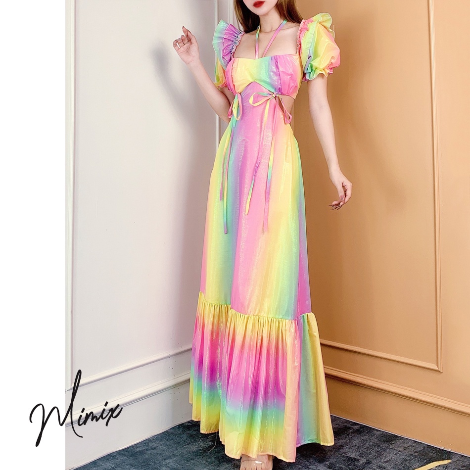 Đầm maxi cổ yếm áo croptop kèm yếm rời rainbow MIMIX BY7250