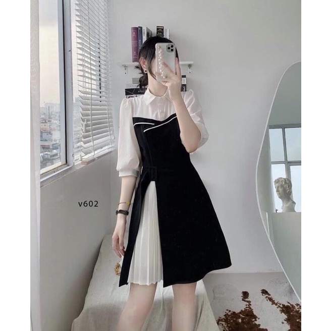 Đầm kiểu nữ tính trắng đen xẻ tà size S