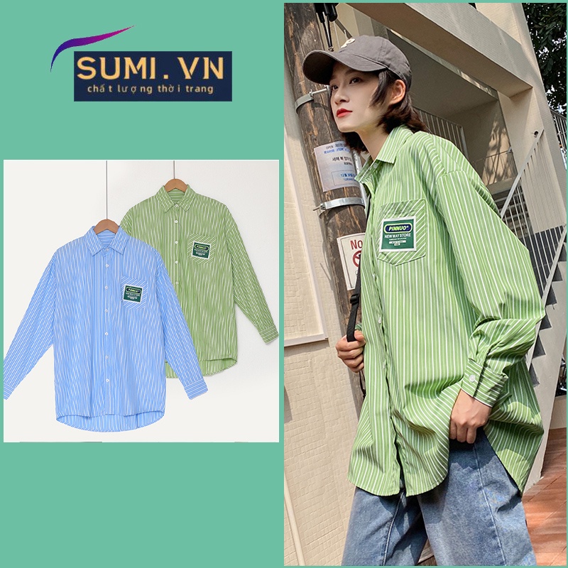 < Su-mi. vn > Áo Sơ mi Kẻ Sọc Xanh Dương Trắng Phong Cách Hàn Quốc Thời Trang Mùa Hè 2022 Mới Cho Nữ