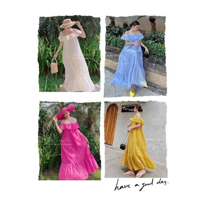 Sỉ Maxi tơ trễ vai hàng chuẩn shop bán về 5 màu cho khách chon lựa