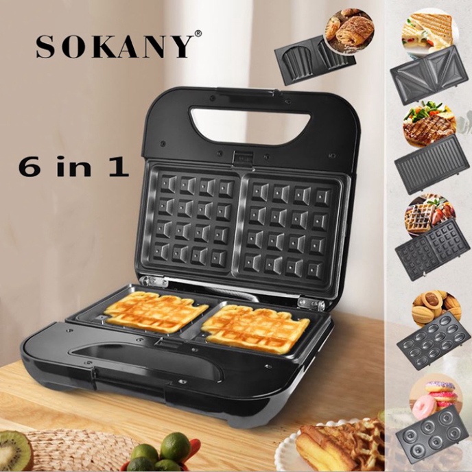 Máy làm bánh waffle, bánh quế, nướng bánh mì 6 khuôn đa năng Sokany