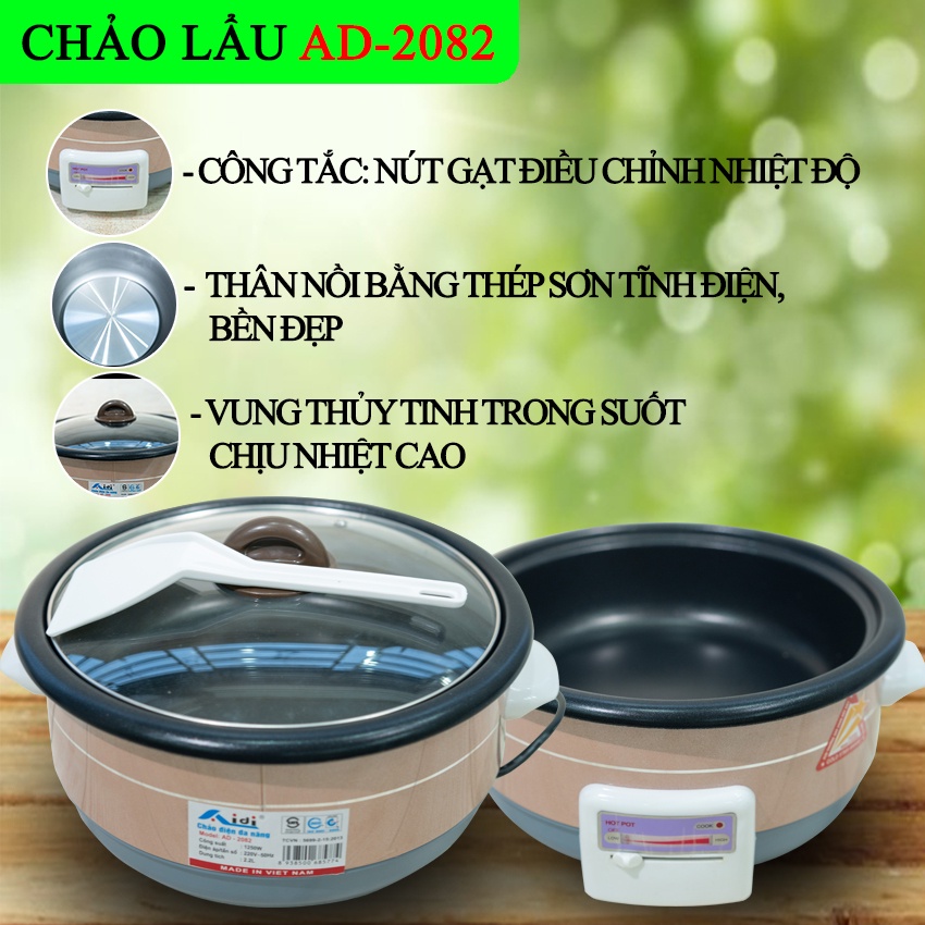 Nồi Lẩu Điện - Chảo Lẩu Điện Đa Năng Aidi 2.2L 2.2 Lít 1250W AD-2082 - Hàng Chính Hãng (Bảo Hành 12 Tháng)