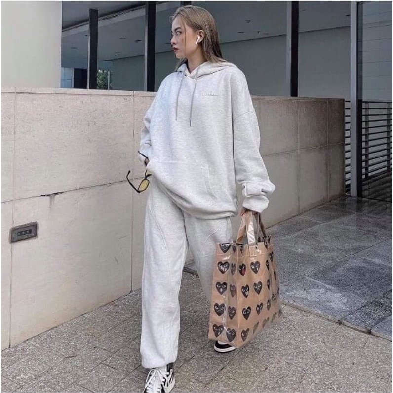 CẢ SET ÁO HOODIE NỈ + QUẦN JOGGER XÁM CHỮ NHỎ FORM RỘNG UNISEX | WebRaoVat - webraovat.net.vn