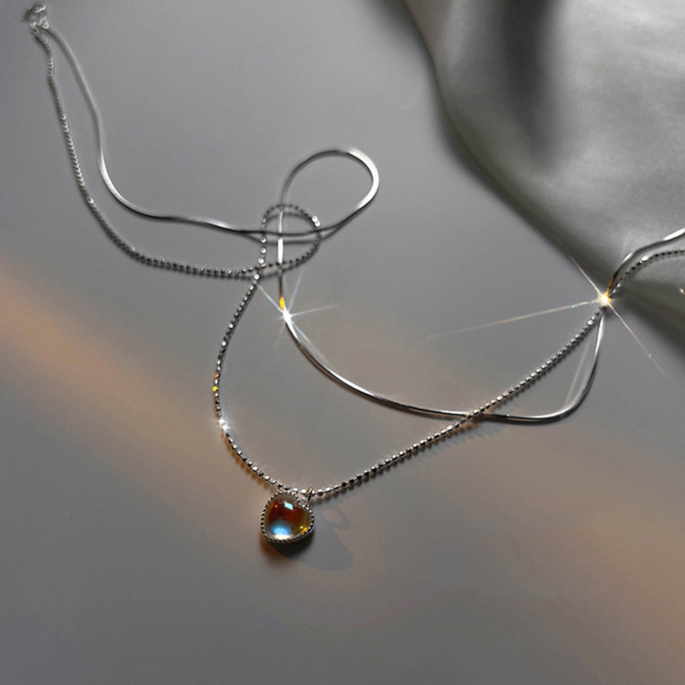 Vòng cổ Hai Lớp Mặt Trái Tim Đính Đá Quý Ngọt Ngào Phong Cách Hàn Quốc