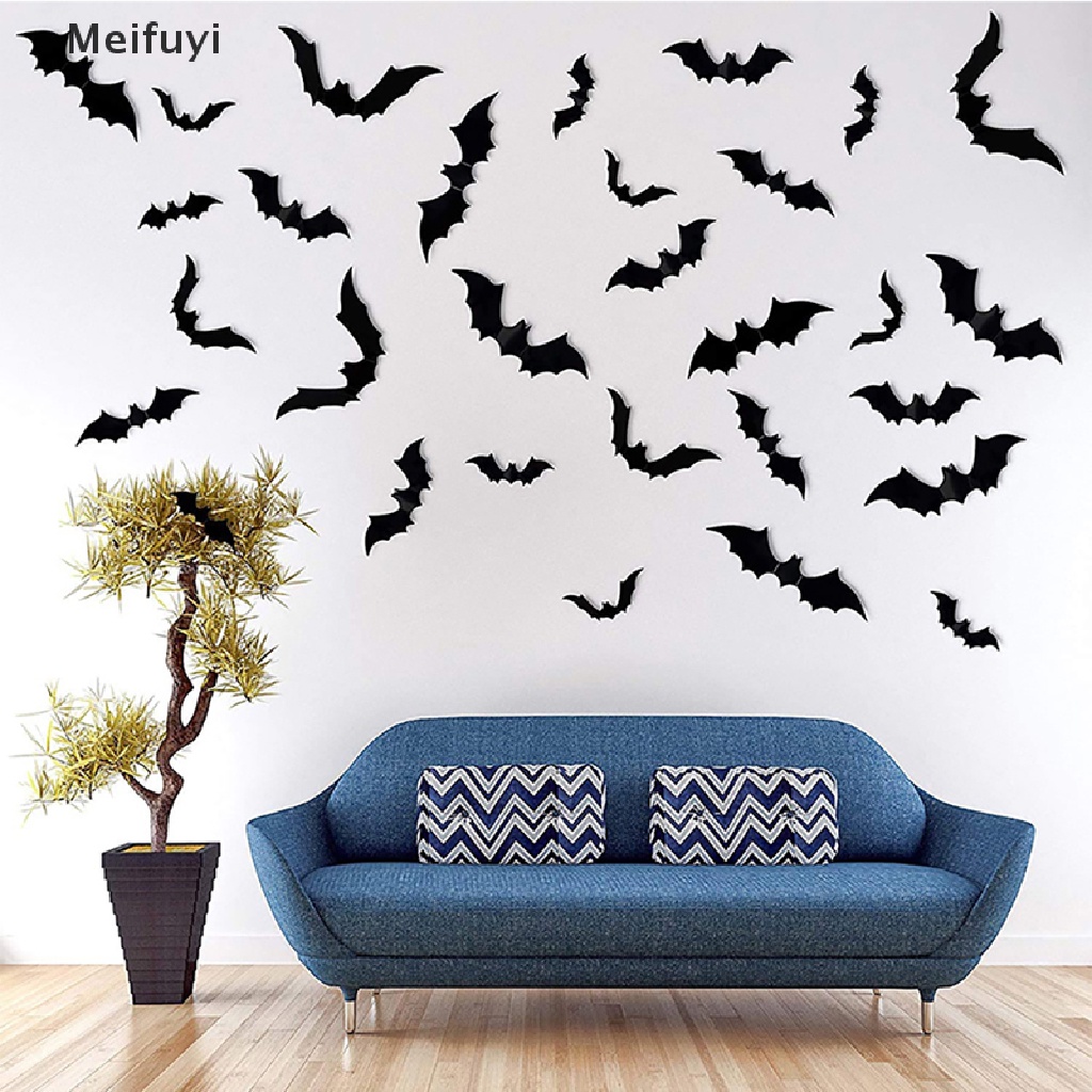 Bộ 12 Miếng Dán PVC Hình Dơi 3D Màu Đen Trang Trí Tiệc Halloween