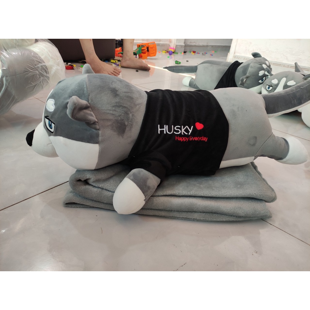 Chó Husky Kèm Mền 80cm 3 trong 1, nỉ nhung cực mịn, bộ chăn gối văn phòng. Gấu Bông Dành Cho Bé