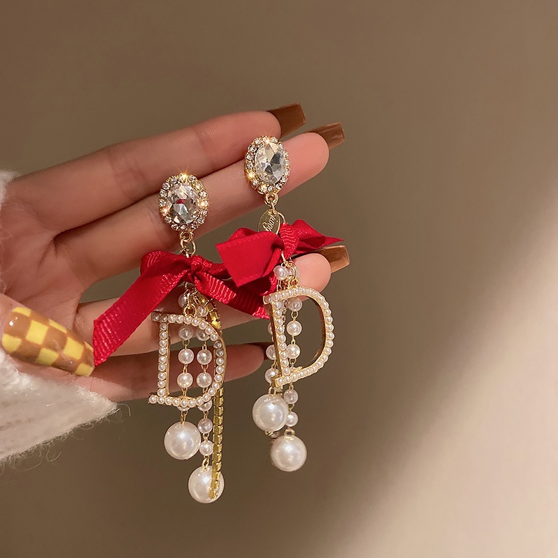 Đôi Bông Tai Dáng Dài Phối Nơ Và Ngọc Trai Thời Trang Xinh Xắn Cho Nữ