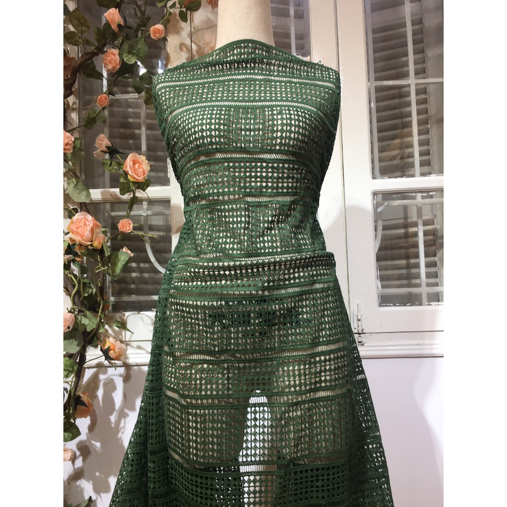 Ren thêu chỉ màu xanh rêu khổ 1,3m dùng may váy đầm thời trang, làm đồ decor trang trí