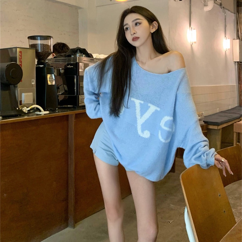 Áo Sweater Dệt Kim Tay Dài Dáng Rộng In Chữ Thời Trang