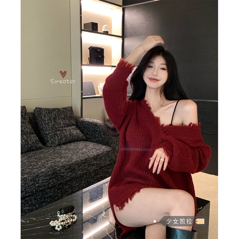 SWEATER LEN ĐỎ ĐÔ FORM RỘNG GIẤU QUẦN
