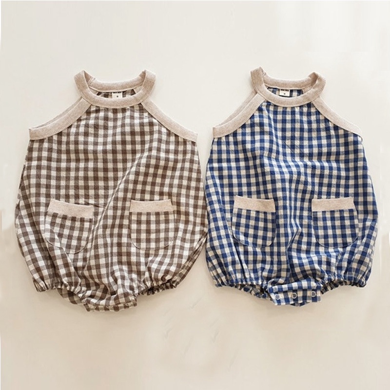 Bộ Áo Liền Quần Tam Giác Vải Cotton Kẻ Sọc Ca Rô Kiểu Hàn Quốc Thời Trang Mùa Hè 2019 Cho Bé