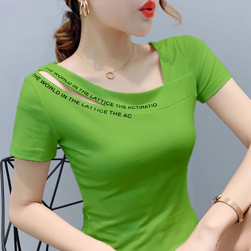 Áo Thun Cotton Ngắn Tay Dáng Ôm Thiết Kế Lệch Vai Độc Đáo Thời Trang Cho Nữ
