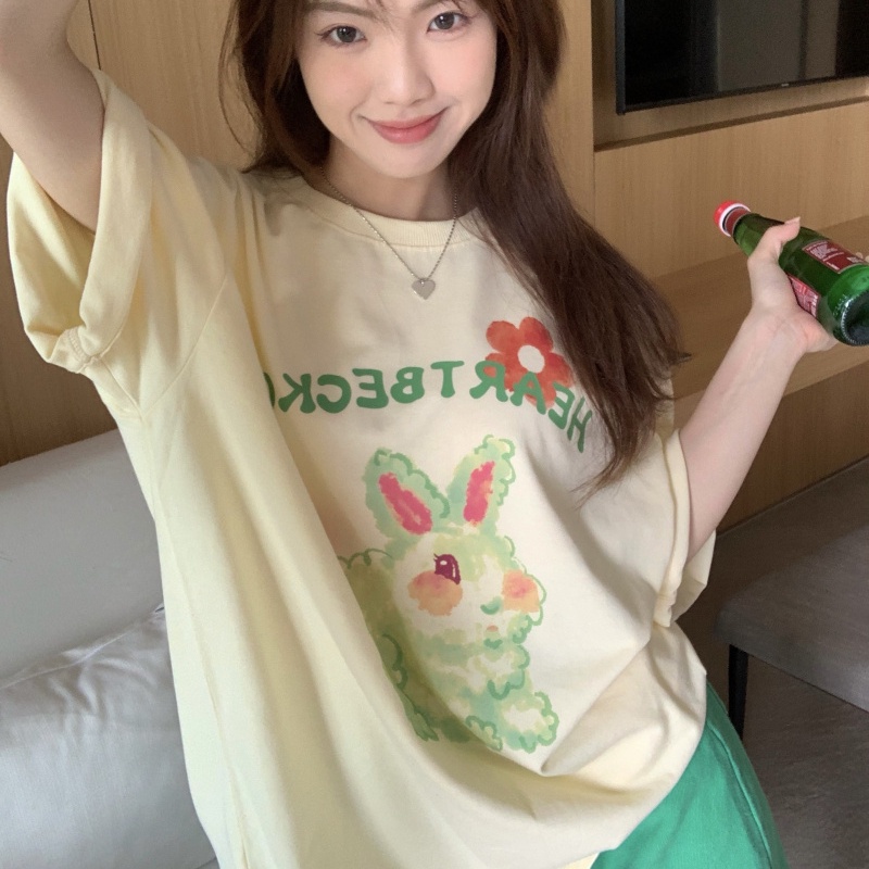 Áo thun SUXI tay ngắn dáng rộng in họa tiết chữ hoạt hình phong cách Hàn Quốc thời trang mùa hè cho nữ