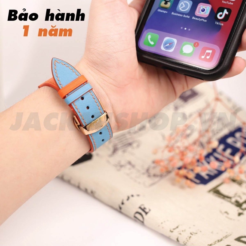 [BẢO HÀNH 1 NĂM] Dây Da BÊ SWIFT may tay thủ công màu Cam/Xanh Da Trời khóa Bướm cho Apple Watch series 1/2/3/4/5/6/7