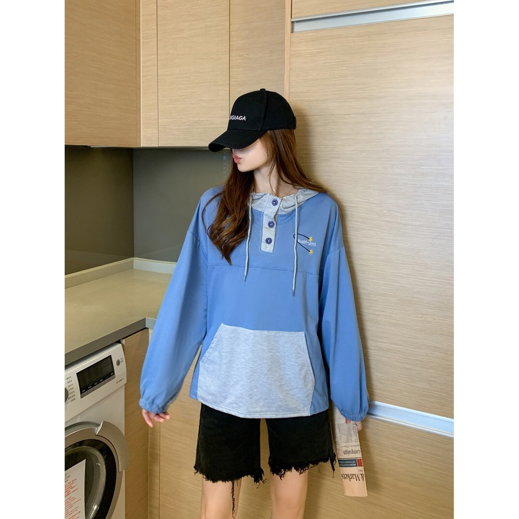 ÁO HOODIE PHỐI MÀU MŨ TÚI SUDFRUCHT - ÁO NỈ NGOẠI HOODIE CÚC CÀI TAY CHUN PHỒNG XANH XÁM