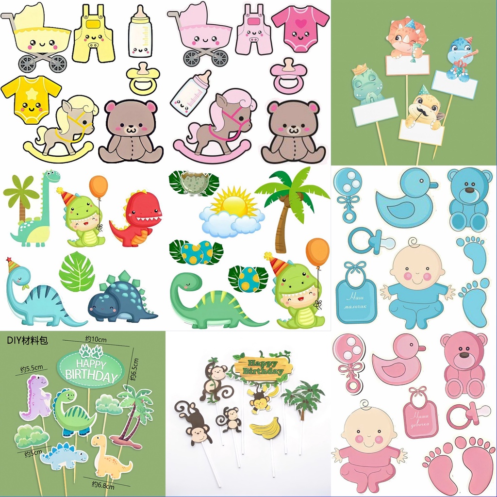 Phụ kiện trang trí bánh sinh nhật, bánh kem - Set thẻ cắm giấy khủng long, em bé
