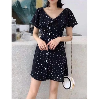 Đầm tay cánh tiên cổ chữ V họa tiết trái tim thích hợp dạo phố