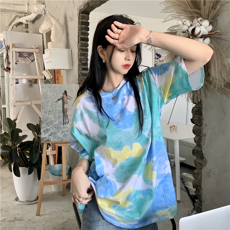 Áo Thun Tay Ngắn Dáng Rộng In Họa Tiết Màu Nhuộm Đính Sequin Thời Trang Mùa Hè Phong Cách Hàn Quốc Cho Nữ