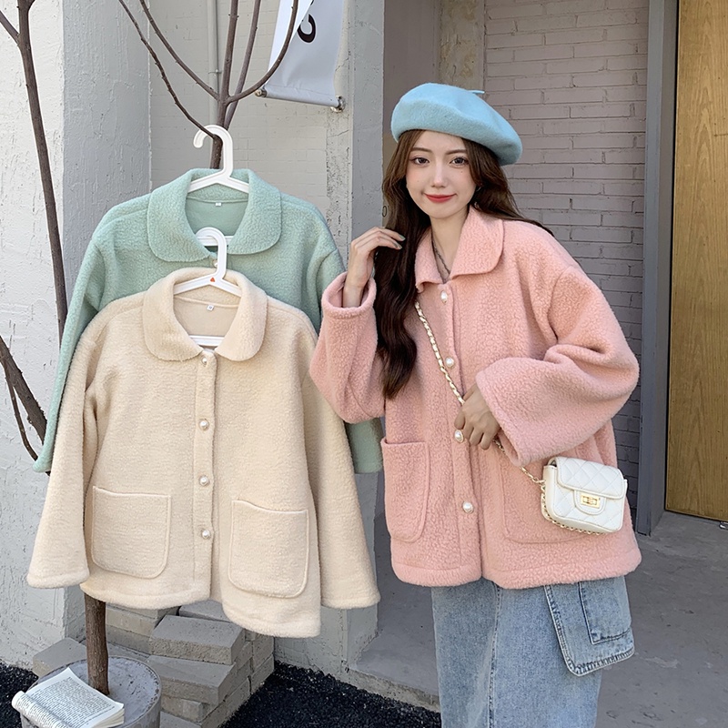 IELGY  Áo Khoác Giả Lông Cừu Dáng Rộng Ngắn Lưng Phong Cách Hàn Quốc Trẻ Trung Cho Nữ