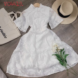 🎀 Đầm trắng gấm xòe cổ sườn xám 💟