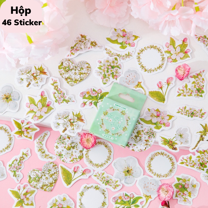 Hộp 46 Sticker Dán Nụ Hoa Anh Đào Trang Trí Sổ Tay Làm Đồ Handmade (Shop J-ArtPens)