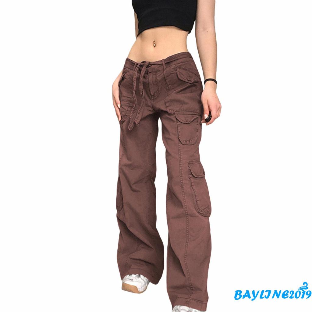 Quần Túi Hộp Lưng Thấp Dáng Rộng Màu Trơn Thời Trang Mùa Thu Cho Nữ