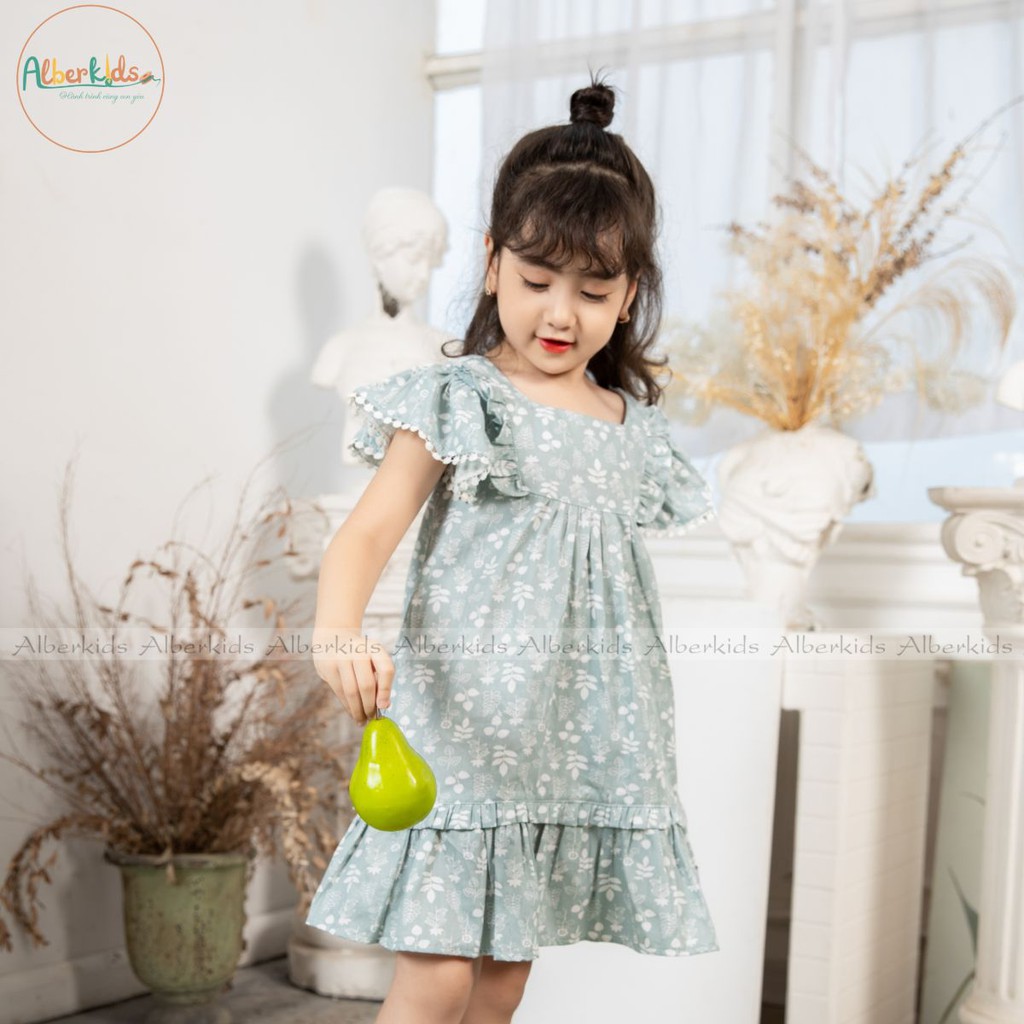Váy Cho Bé Gái Min Dress Họa Tiết Hoa Chất Liệu Thô Xanh-Xám Cho Bé Từ 2-10T Alber Kids