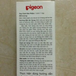 Bình sữa Pigeon 120ml ( núm silicone, BPA free)