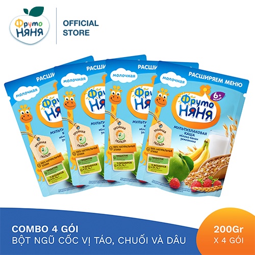 Combo 4 Gói Bột ngũ cốc vị táo, chuối và dâu Fruto Nyanya 200g/gói