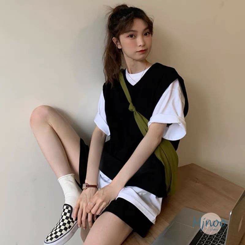 (RẺ VÔ ĐỊCH)Sét đồ nữ 3 Món Gồm Áo Gile + Áo Thun Form Rộng Tay Lỡ + Quần Short Xám Siêu Hot Hit Unisex | BigBuy360 - bigbuy360.vn