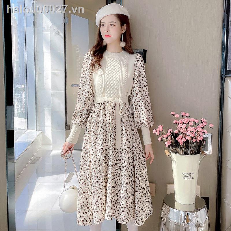 Đầm dệt kim in hoa thời trang mùa đông năm mới cho nữ