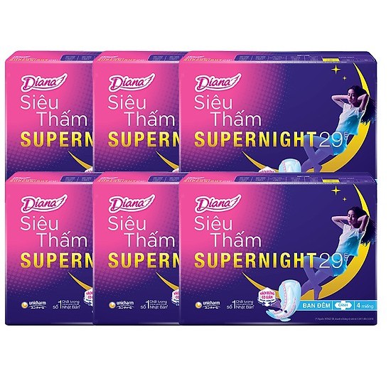 6 Gói Diana ban đêm super night siêu thấm có cánh gói 4 miếng 29cm