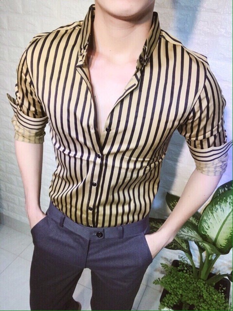 Sơ mi lụa sọc màu vàng đồng sang trọng