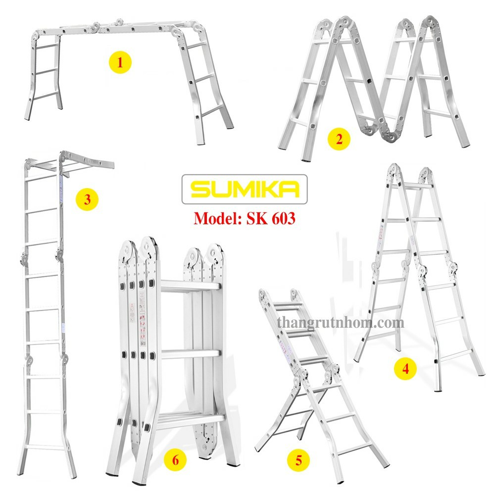 2 Mẫu thang nhôm gấp xếp đa năng Sumika 4 đoạn SK604 - 4 bậc & SK603 - 3 bậc BẢO HÀNH 2 NĂM thang thợ điện
