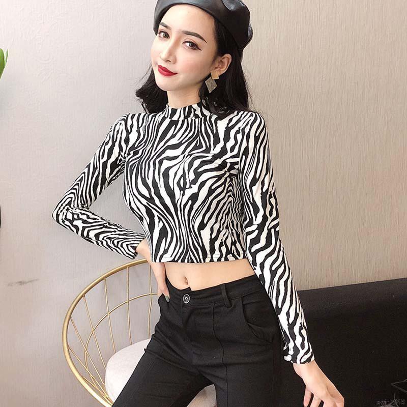 Áo Croptop Tay Dài Cổ Lọ In Họa Tiết Da Báo / Ngựa Vằn Cá Tính Cho Nữ | BigBuy360 - bigbuy360.vn